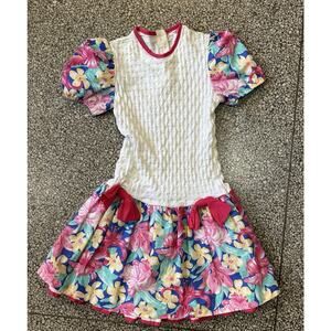 Vintage Girls Dress Floral Print Bows Pink White Short Sleeves Spring Retro 8